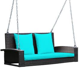 Costway - 2-Person Patio Rattan Hanging Porch Swing Bench Chair Cushion - Turquoise