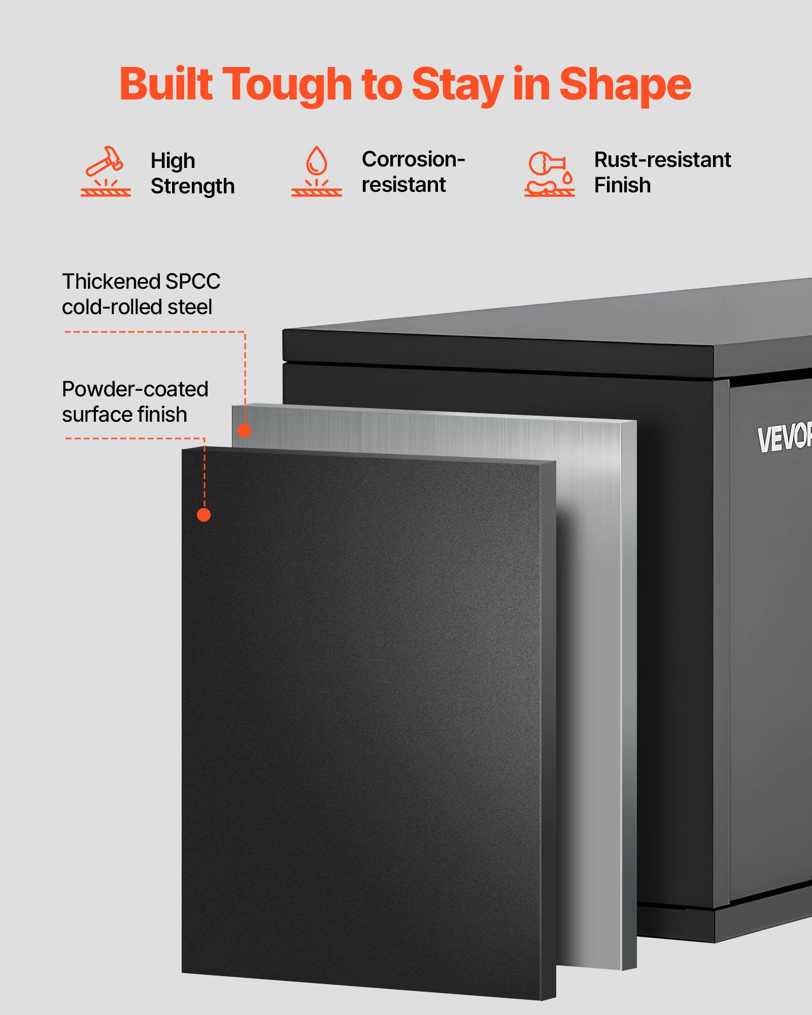 Built Tough to Stay in Shape

- High Strength
- Corrosion-resistant
- Rust-resistant Finish

Thickened SPCC cold-rolled steel

Powder-coated surface finish