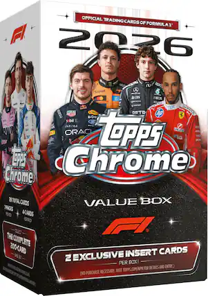 OFFICIAL TRADING CARDS OF FORMULA 1 2026
Topps Chrome
VALUE BOX
28 TOTAL CARDS
7 PACKS PER BOX
4 CARDS PER PACK
COLLECT THE COMPLETE 200-CARD BASE SET
2 EXCLUSIVE INSERT CARDS PER BOX!
(NO PURCHASE NECESSARY. VISIT TOPPS.COM/NPN FOR DETAILS AND ENTRY.)