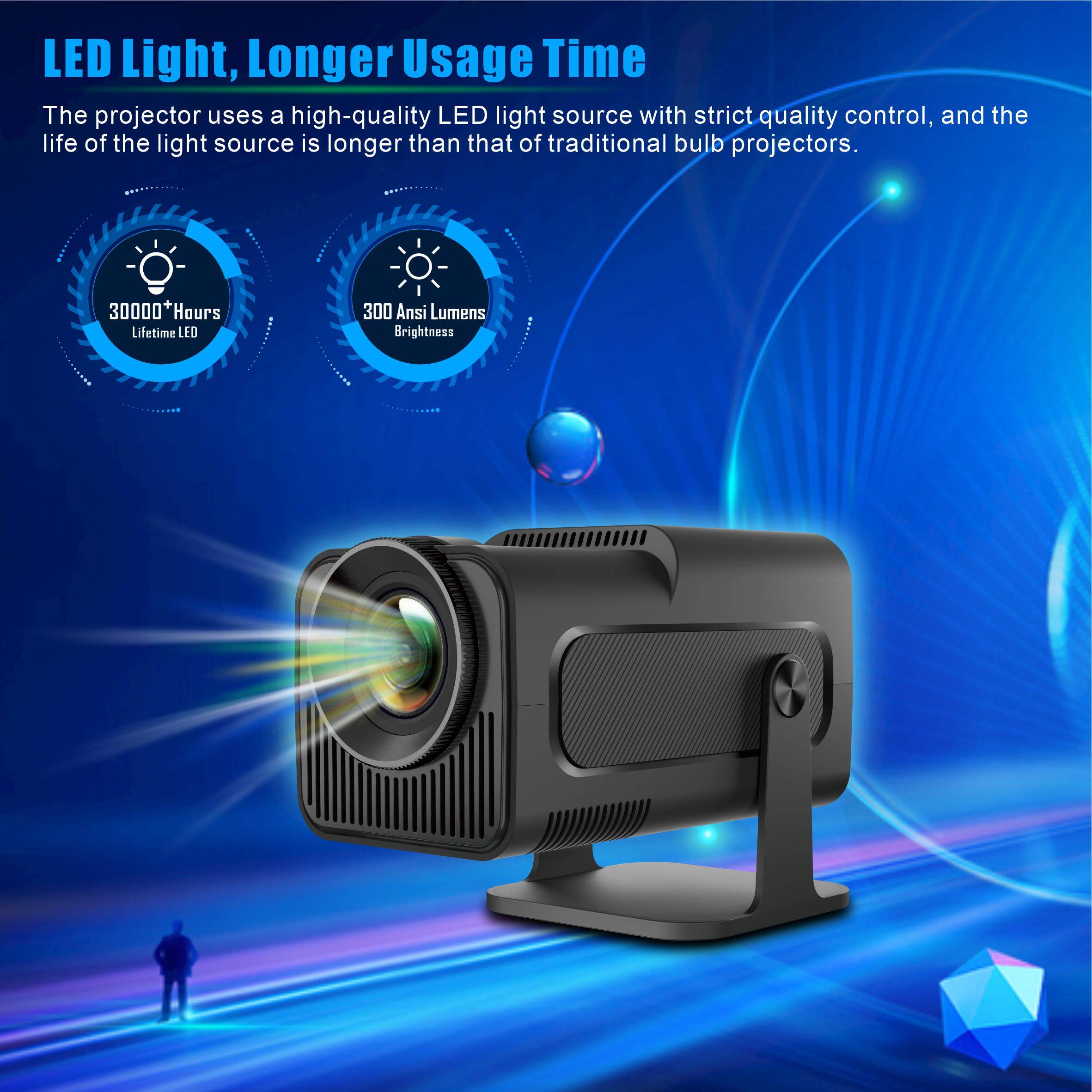 LED Light, Longer Usage Time

The projector uses a high-quality LED light source with strict quality control, and the life of the light source is longer than that of traditional bulb projectors.

- 30000* Hours Lifetime LED
- 300 Ansi Lumens Brightness