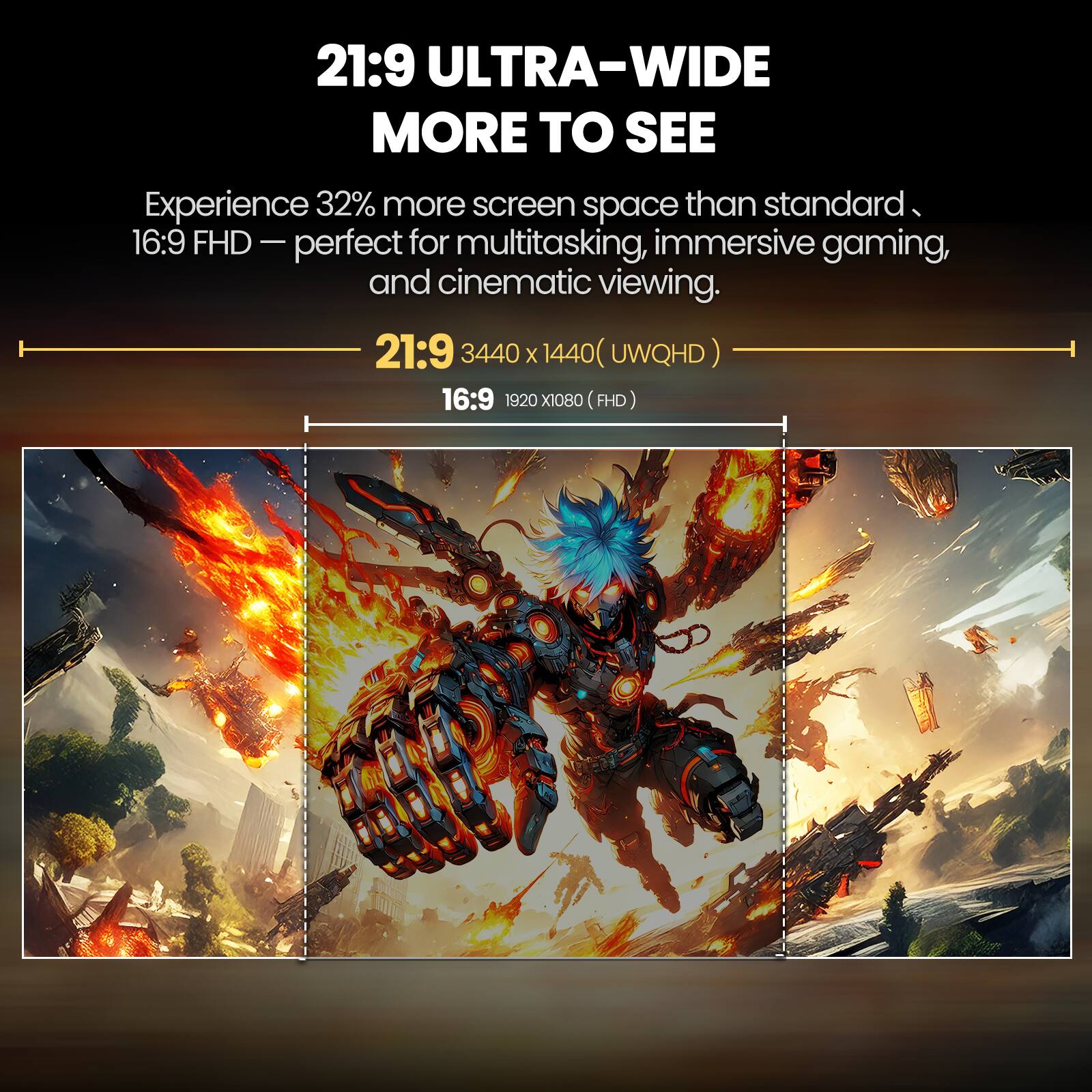 21:9 ULTRA-WIDE MORE TO SEE  
Experience 32% more screen space than standard 16:9 FHD – perfect for multitasking, immersive gaming, and cinematic viewing.  
21:9 3440 x 1440 (UWQHD)  
16:9 1920 x 1080 (FHD)
