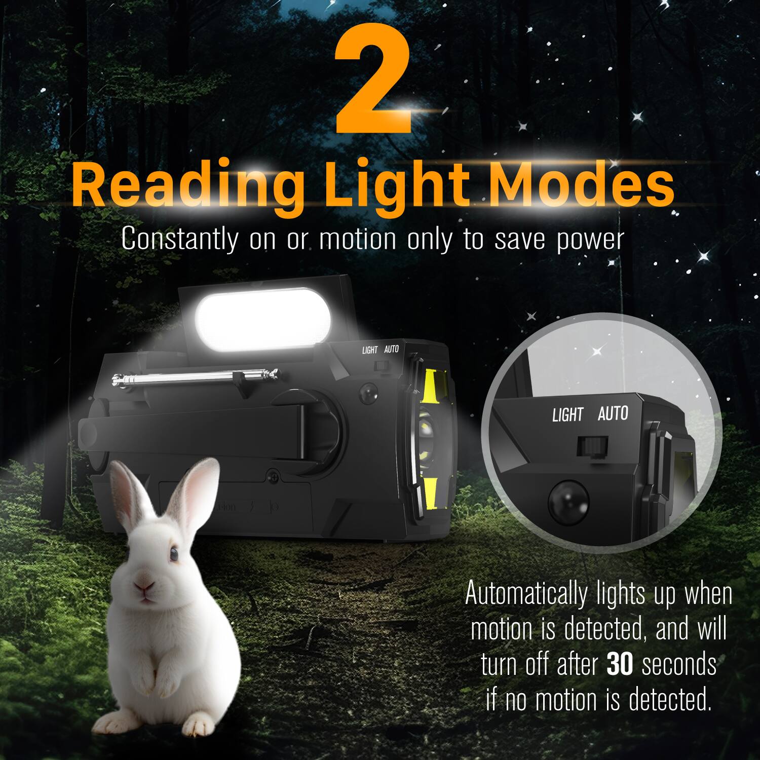 2 Reading Light Modes
Constantly on or motion only to save power
LIGHT AUTO
LIGHT AUTO
Automatically lights up when motion is detected, and will turn off after 30 seconds if no motion is detected.