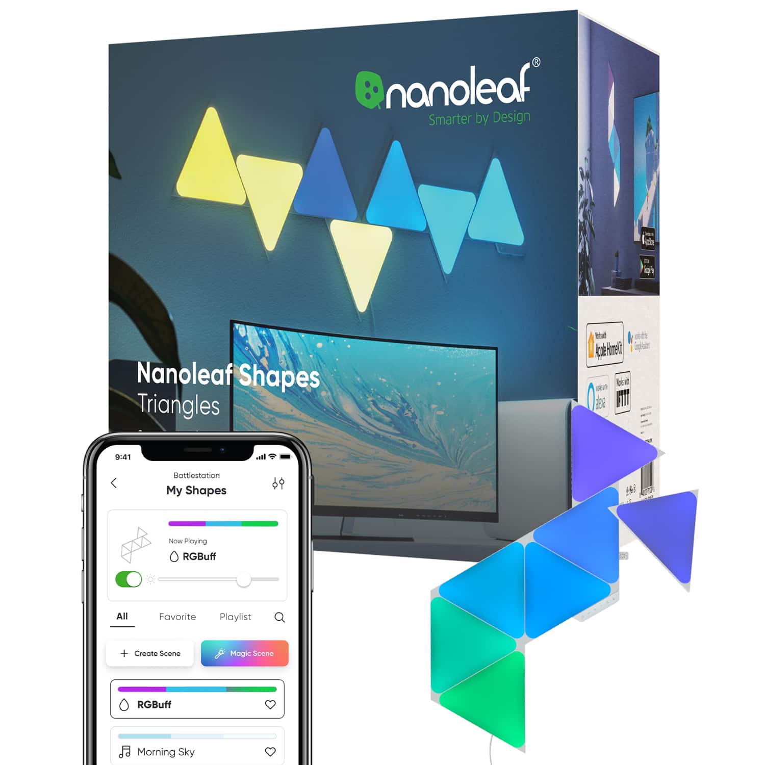 The text on the image reads: "nanoleaf Smarter by Design - Nanoleaf Shapes Triangles to enhance your gaming experience. In Battle Station, My Shapes (i now playing RGBuff All Favorite Playlist + Create Scene Magic Scene RGBuff Morning Sky."