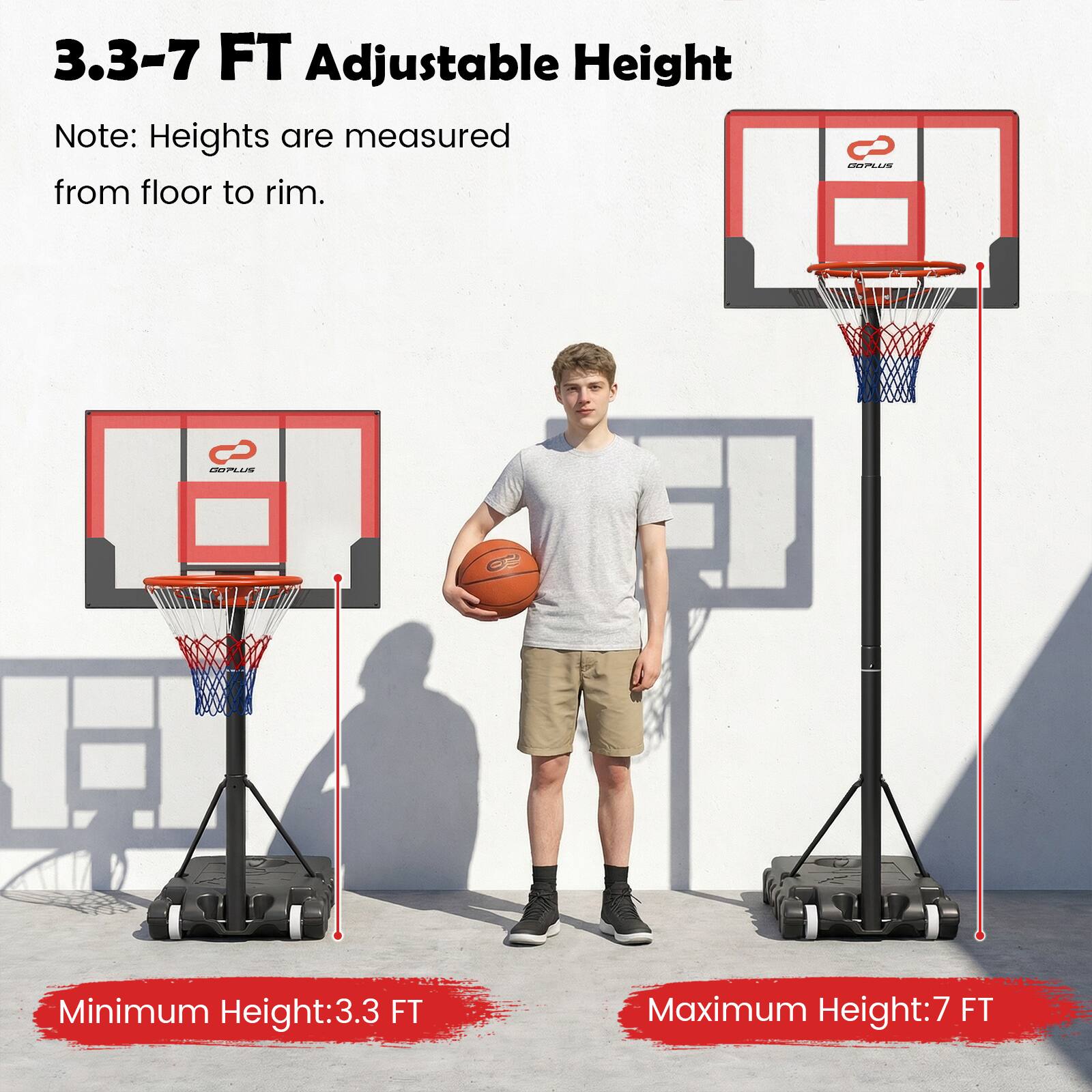 3.3-7 FT Adjustable Height  
Note: Heights are measured from floor to rim.  
Minimum Height: 3.3 FT  
Maximum Height: 7 FT