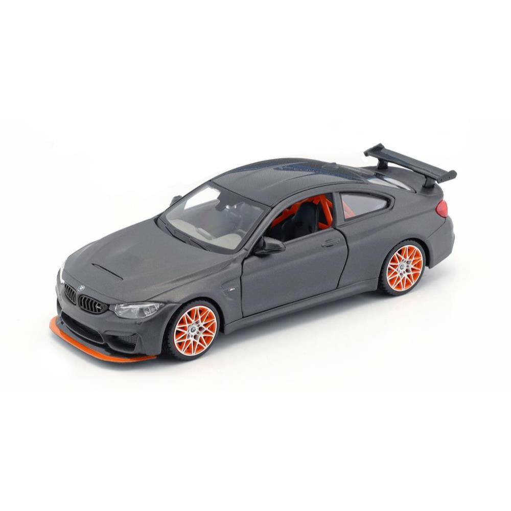 Angle. Maisto - BMW M4 GTS Gray with Carbon Top and Orange Wheels 1/24 Diecast Model Car by Maisto - Gray.