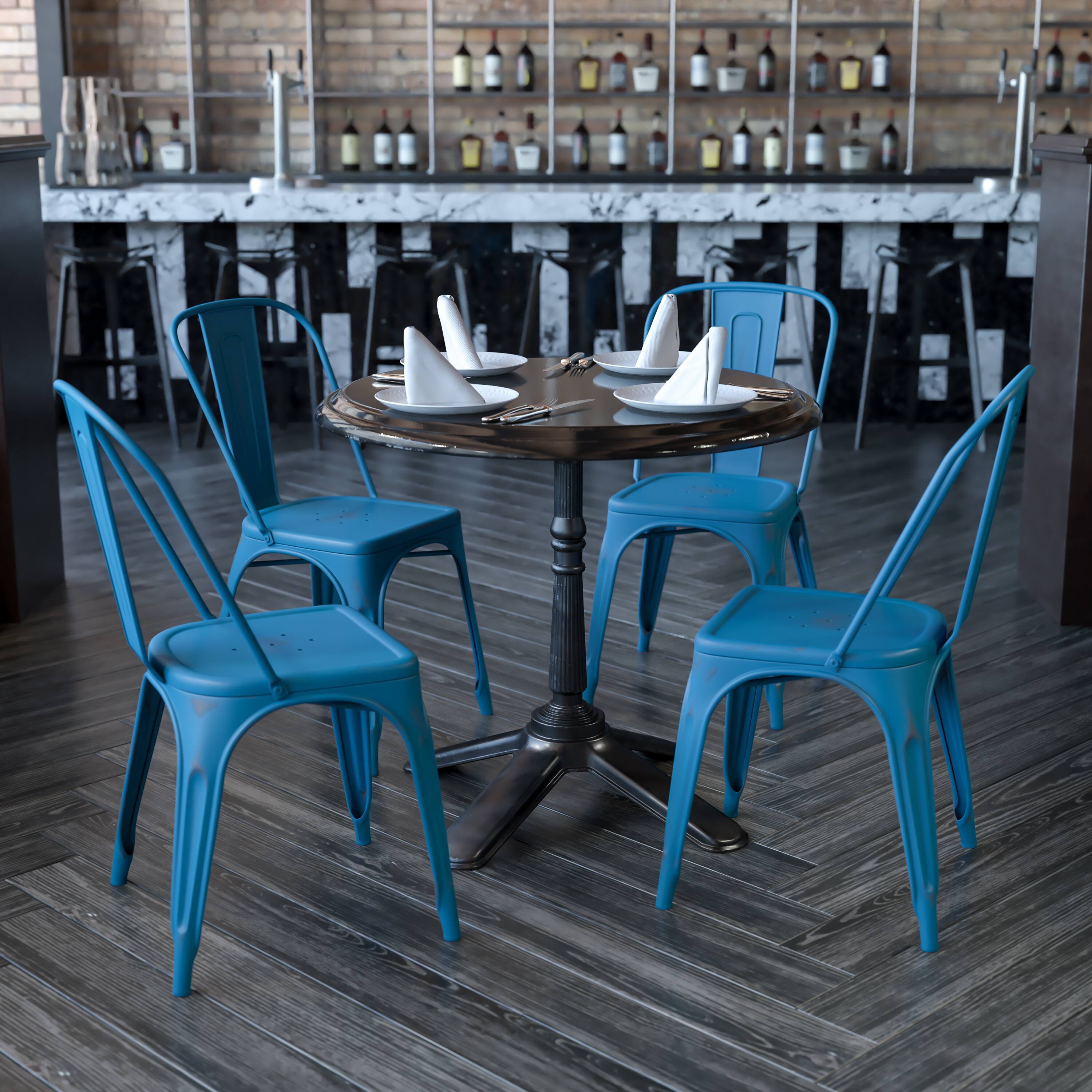 Alt View 2. Emma + Oliver - Commercial Grade 4 Pack Distressed Metal Indoor-Outdoor Stackable Chair - Antique Blue.