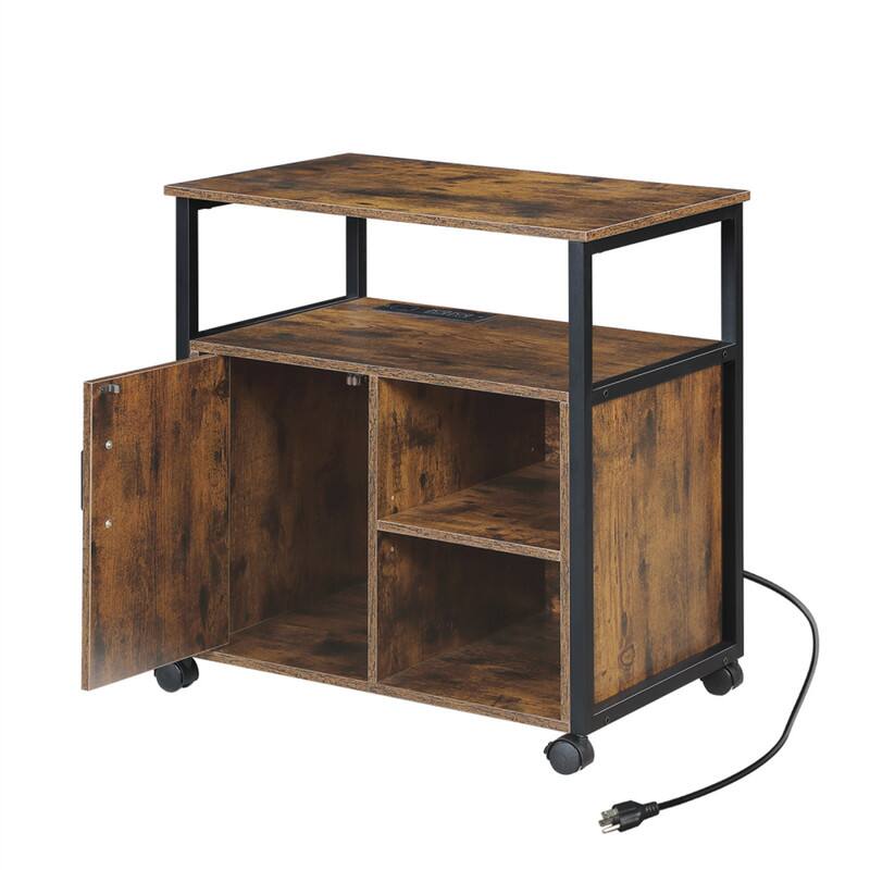 Angle. HTUTWOO - Office Filing Cabinet with Socket & USB Charging Port - Metal Side Frame Printer Stand with Storage for A4/Letter Size - Brown.