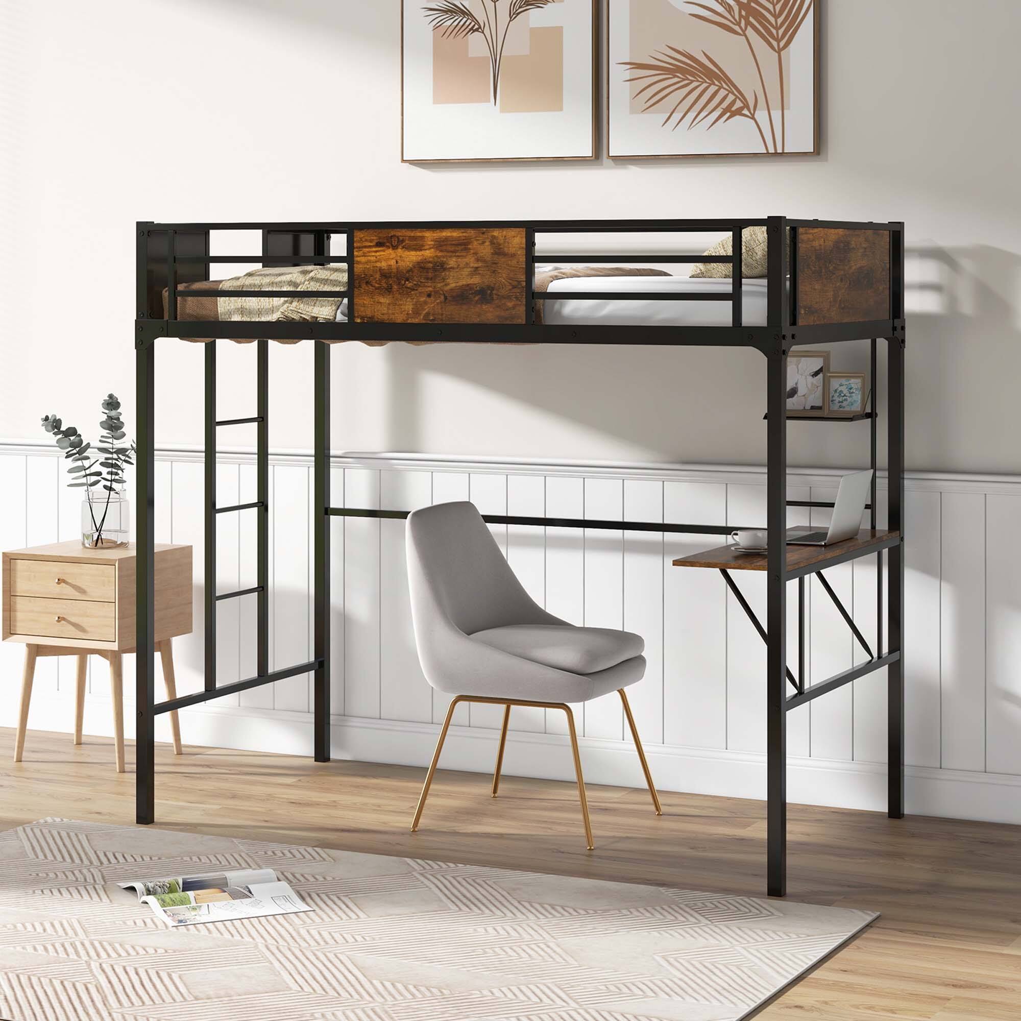 Alt View 4. Costway - Costway Twin Size Loft Bed with Desk & Shelf Safety Guardrail & Ladder Space-Saving - Rustic Brown,Black.
