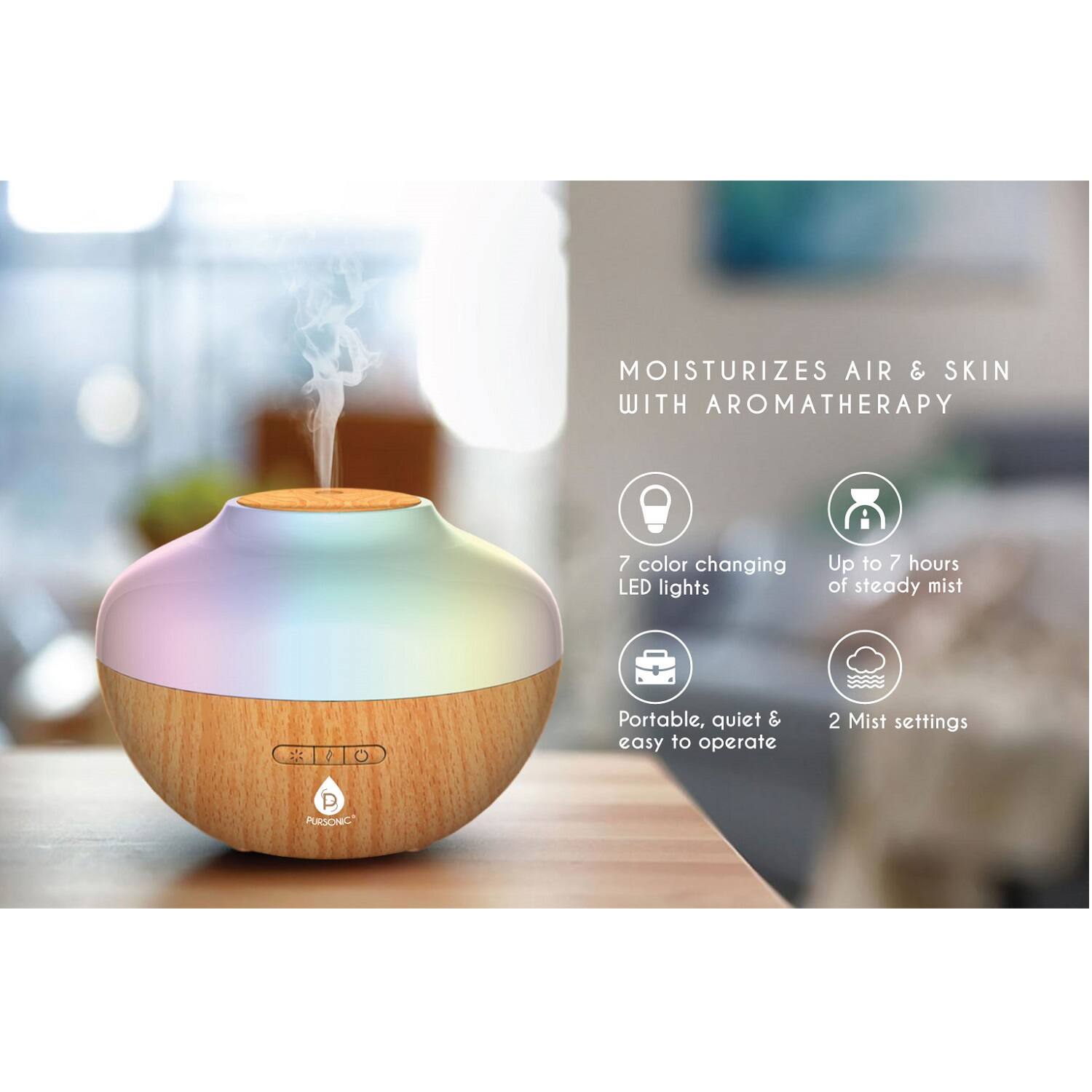 MOISTURIZES AIR & SKIN WITH AROMATHERAPY

7 color changing LED lights
Up to 7 hours of steady mist

Portable, quiet & easy to operate
2 Mist settings

PUCONC