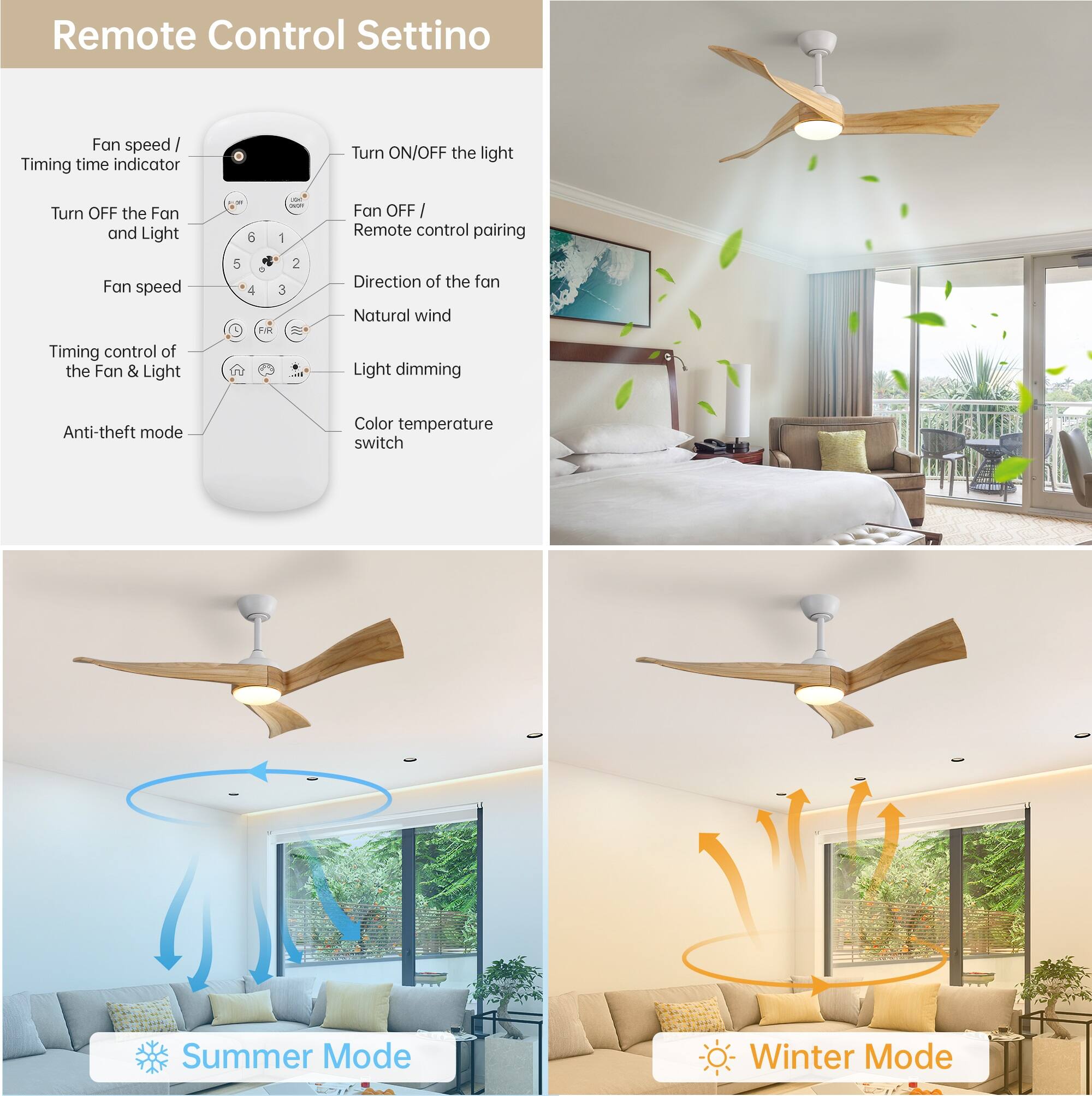Remote Control Setting

- Fan speed / Timing time indicator
- Turn OFF the Fan and Light
- Fan speed
- Timing control of the Fan & Light
- Anti-theft mode
- Turn ON/OFF the light
- Fan OFF / Remote control pairing
- Direction of the fan
- Natural wind
- Light dimming
- Color temperature switch
- Summer Mode
- Winter Mode