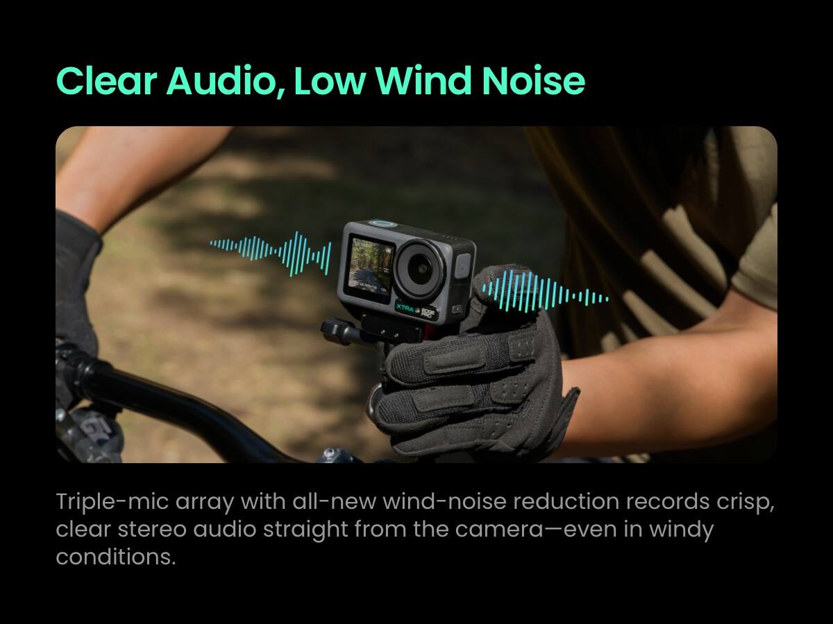 Clear Audio, Low Wind Noise

Triple-mic array with all-new wind-noise reduction records crisp, clear stereo audio straight from the camera—even in windy conditions.