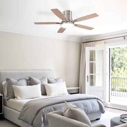 Front. Siljoy - 52 Inch Nickel Low Profile Flush Mount Ceiling Fan with Light and Remote Reversible Dimmable for Bedroom and Living Room.