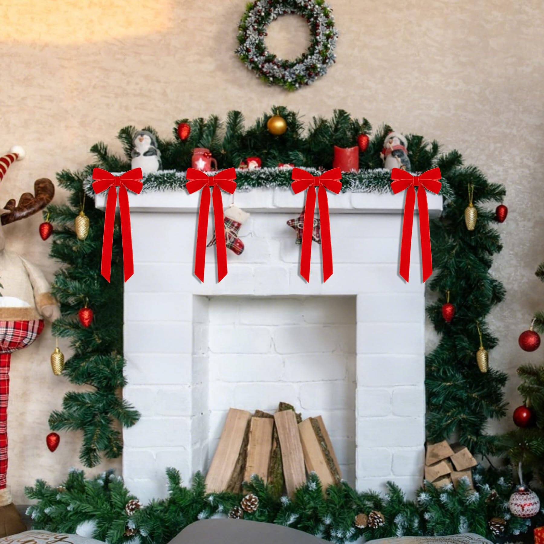 Left. Acteck - 12Pcs Red Ribbon Bows Christmas Tree Decorations, Xmas Ornaments for  Home Party Front Door Wreath - Red.