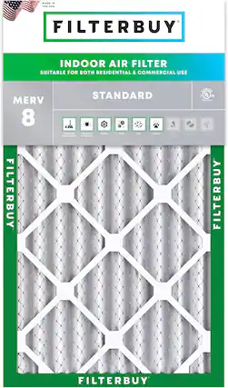 MADE IN THE USA FILTERBUY INDOOR AIR FILTER SUITABLE FOR BOTH RESIDENTIAL & COMMERCIAL USE MERV 8 FILTERBUY STANDARD Household Dust & Debris Dust Mites & Particles Pollen Mold Lint Dander Smoke & Soot Bacteria Odors