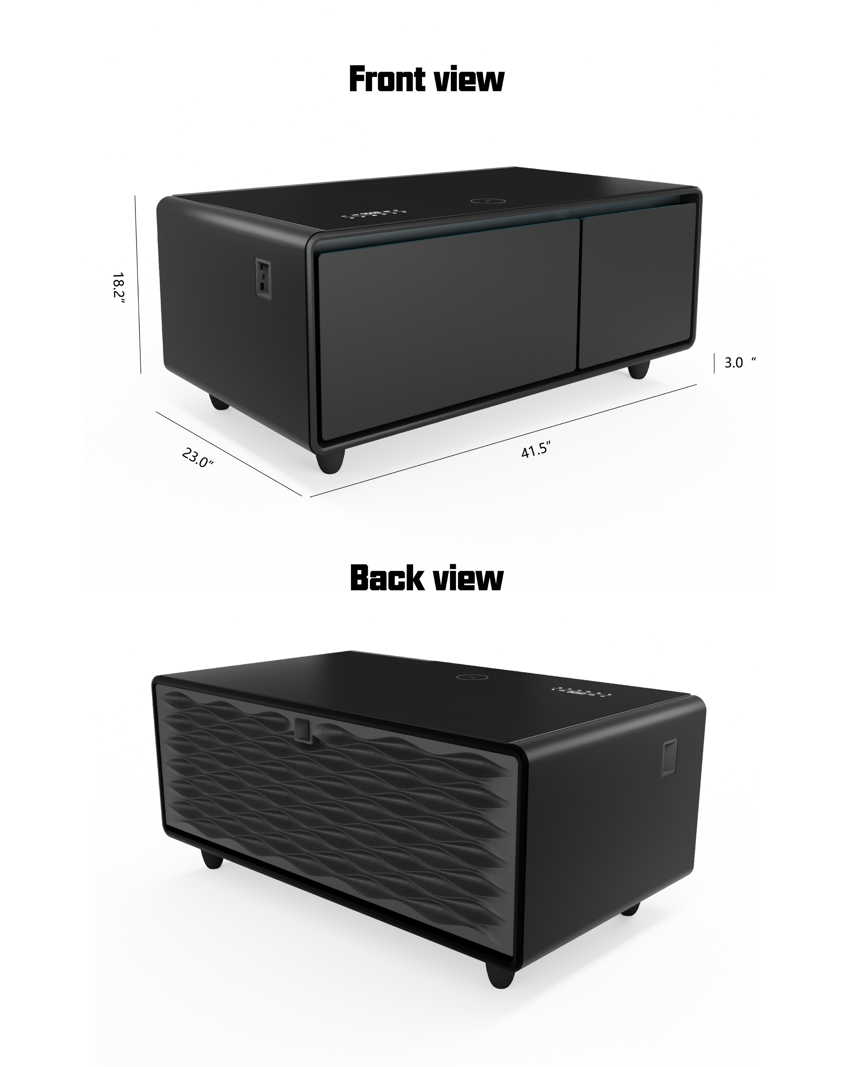 The text on the image reads: "Front view 18.2" 3.0 - 23.0" 41.5" Back view." This text is grouped and corrected as follows:

"Front view: 18.2" x 3.0 - 23.0" x 41.5"
Back view: 18.2" x 3.0 - 23.0" x 41.5"