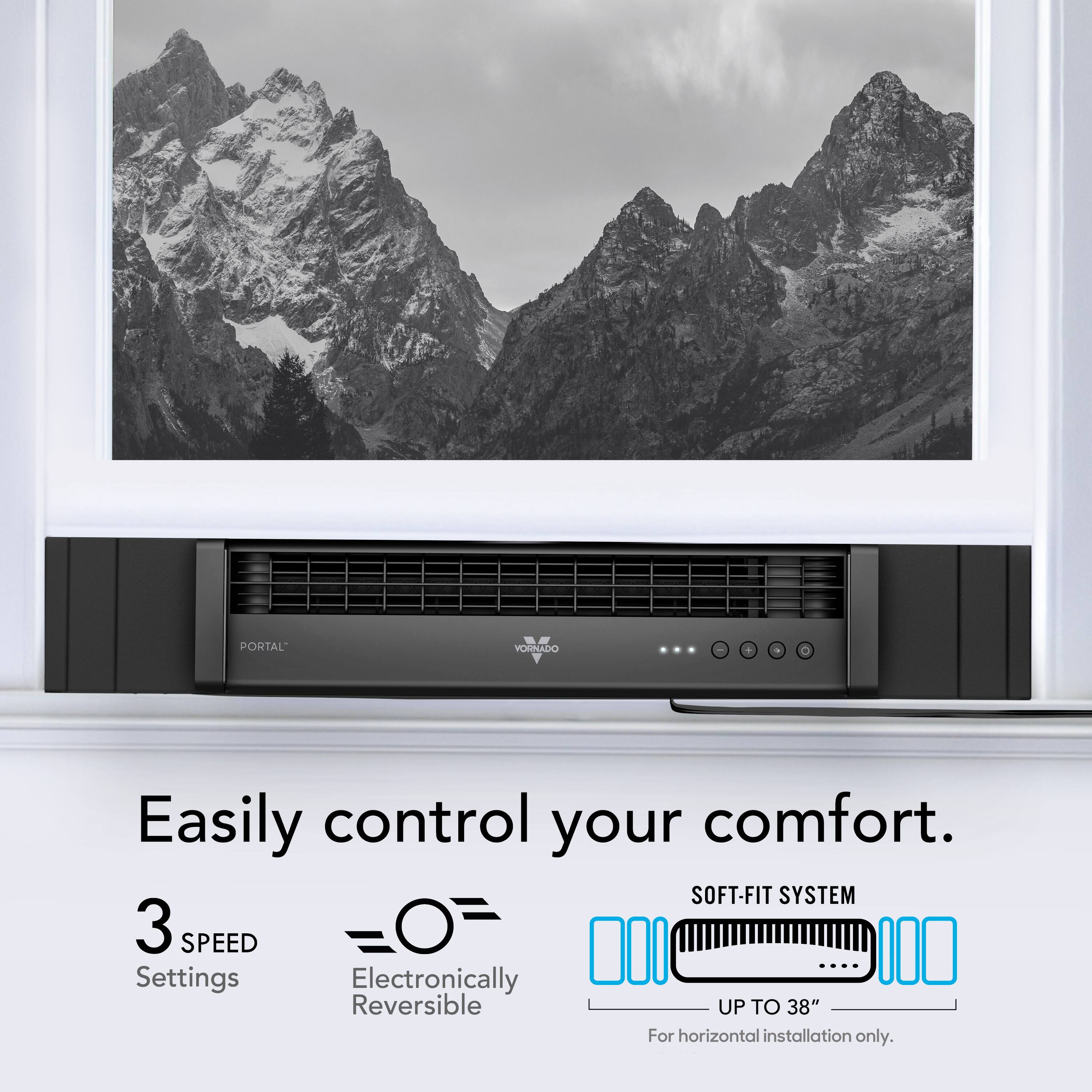 The text on the image reads: "Easily control your comfort. Soft-Fit System 3 Speed Settings Electronically Reversible Up to 38" For horizontal installation only."