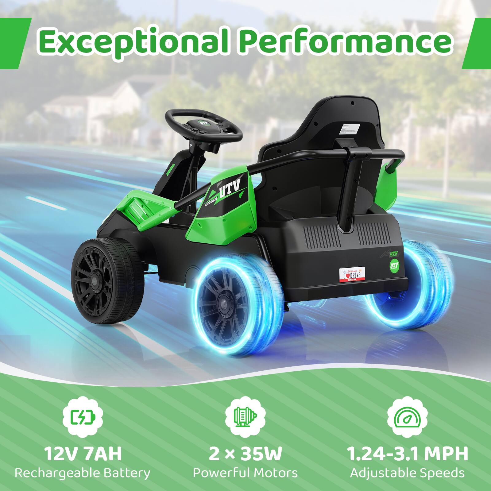 Exceptional Performance

- 12V 7AH Rechargeable Battery
- 2 x 35W Powerful Motors
- 1.24-3.1 MPH Adjustable Speeds
