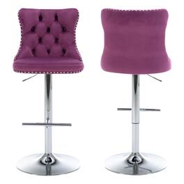 HTUTWOO - Adjustable Bar Stools Set of 2, Velvet Swivel Counter Height Chairs with Footrest, Chrome Nailhead for Kitchen, Pub - Purple
