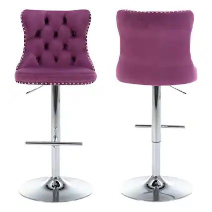 Front. HTUTWOO - Adjustable Bar Stools Set of 2, Velvet Swivel Counter Height Chairs with Footrest, Chrome Nailhead for Kitchen, Pub - Purple.