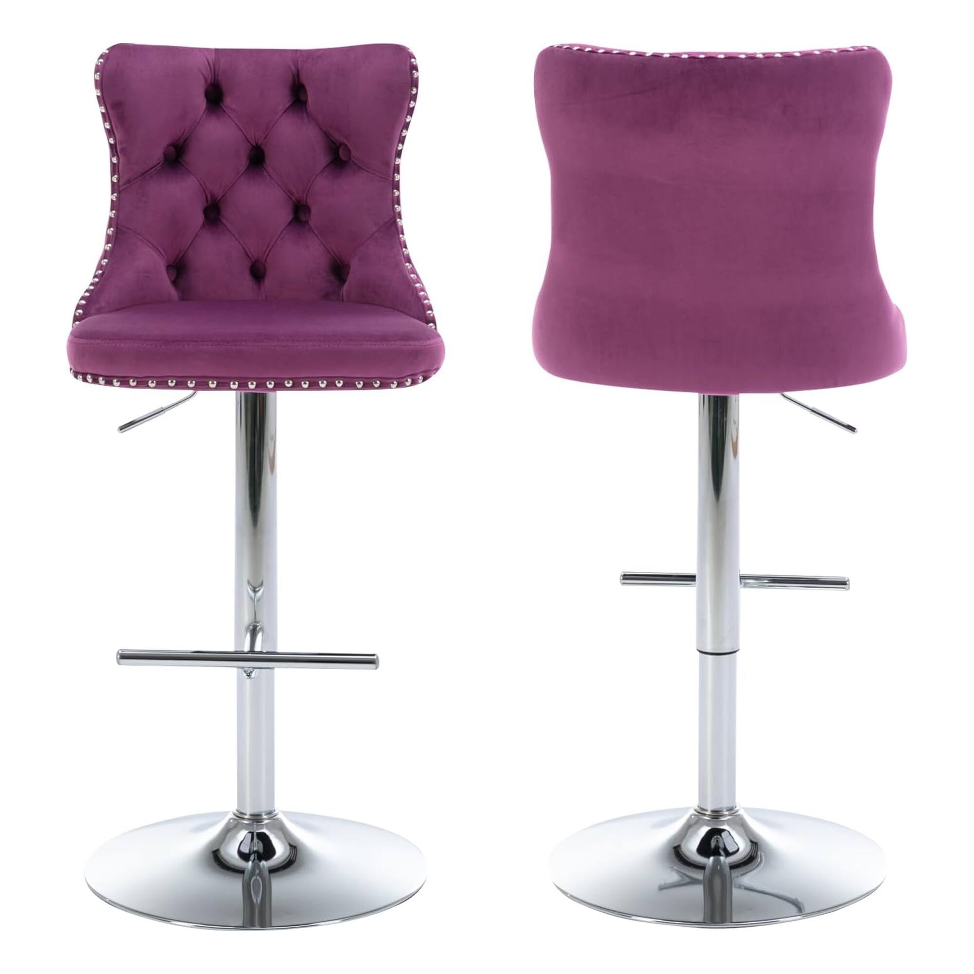 Front. HTUTWOO - Adjustable Bar Stools Set of 2, Velvet Swivel Counter Height Chairs with Footrest, Chrome Nailhead for Kitchen, Pub - Purple.