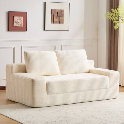 Front. GOODSILO - Modern Corduroy Loveseat Sofa Bed | Reversible Cushions & Deep Seating for Compact Spaces - White.