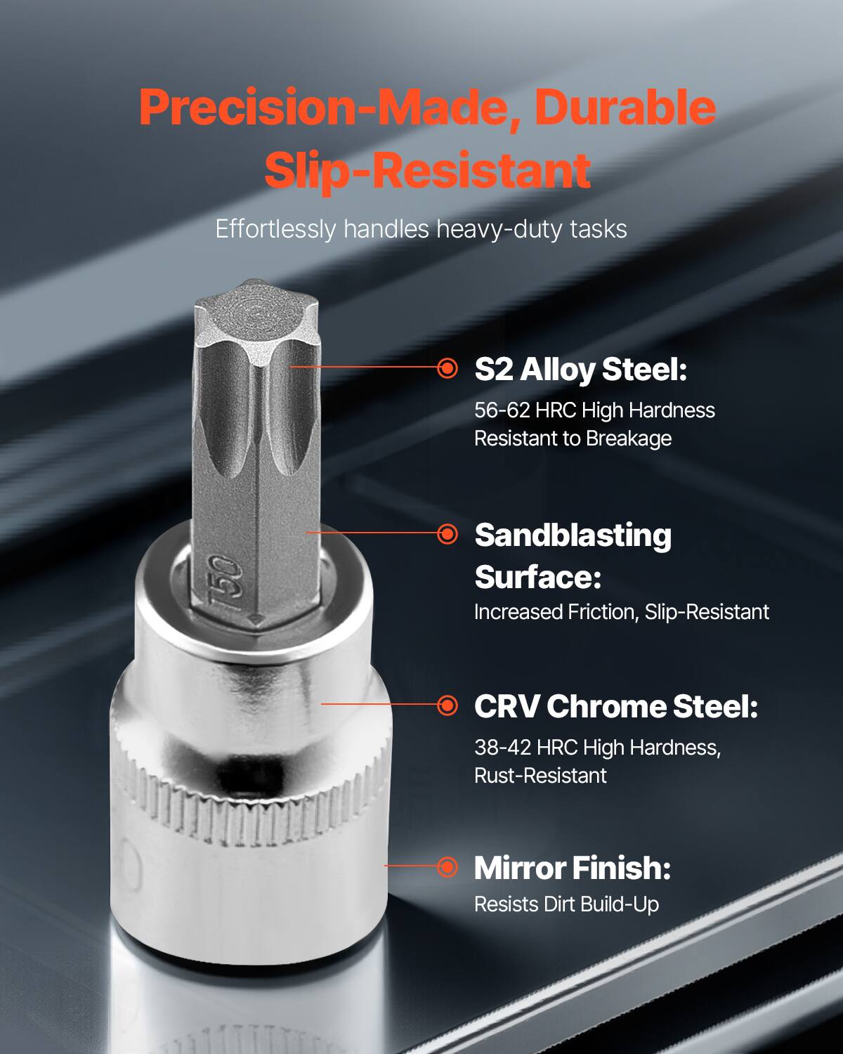 Precision-Made, Durable Slip-Resistant  
Effortlessly handles heavy-duty tasks  

- S2 Alloy Steel:  
  56-62 HRC High Hardness  
  Resistant to Breakage  

- Sandblasting Surface:  
  Increased Friction, Slip-Resistant  

- CRV Chrome Steel:  
  38-42 HRC High Hardness,  
  Rust-Resistant  

- Mirror Finish:  
  Resists Dirt Build-Up