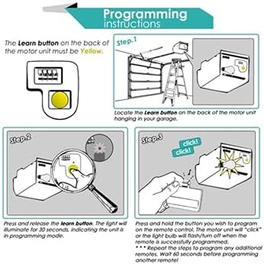 Programming Instructions

The Learn button on the back of the motor unit must be Yellow.

Step 1: Locate the Learn button on the back of the motor unit hanging in your garage.

Step 2: Press and release the Learn button. The light will illuminate for 30 seconds, indicating the unit is in programming mode.

Step 3: Press and hold the button you wish to program on the remote control. The motor unit will "click" or the light bulb will flash/tum off when the remote is successfully programmed. Repeat the steps to program any additional remotes. Wait 60 seconds before programming another remote.
