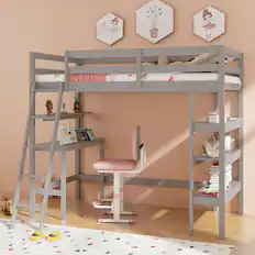 Front. Gymax - Gymax Twin Size Solid Wood Loft Bed w/ Desk & Bookshelves Ladder & Guardrails Gray - Gray.
