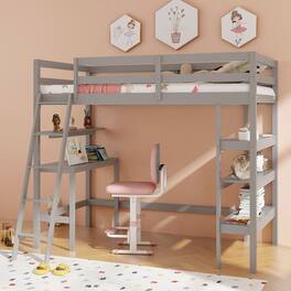 Gymax - Twin Size Solid Wood Loft Bed w/ Desk & Bookshelves Ladder & Guardrails - Gray