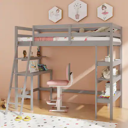 Front. Gymax - Gymax Twin Size Solid Wood Loft Bed w/ Desk & Bookshelves Ladder & Guardrails Gray - Gray.