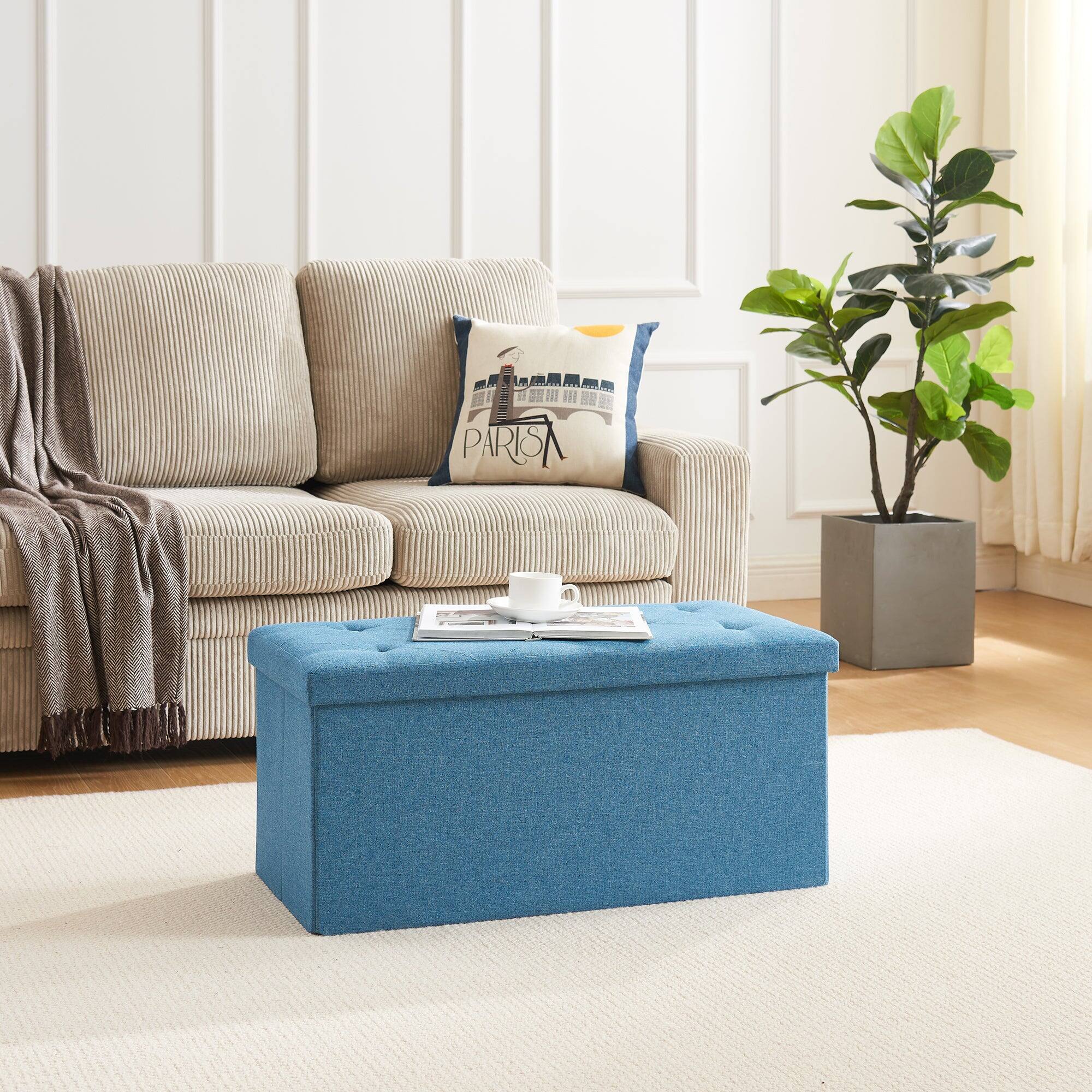 Alt View 2. Vecelo - 30" Storage Ottoman Bench with Folding Design, Large Capacity Linen Storage Bench for Bedroom & Living Room - Blue.