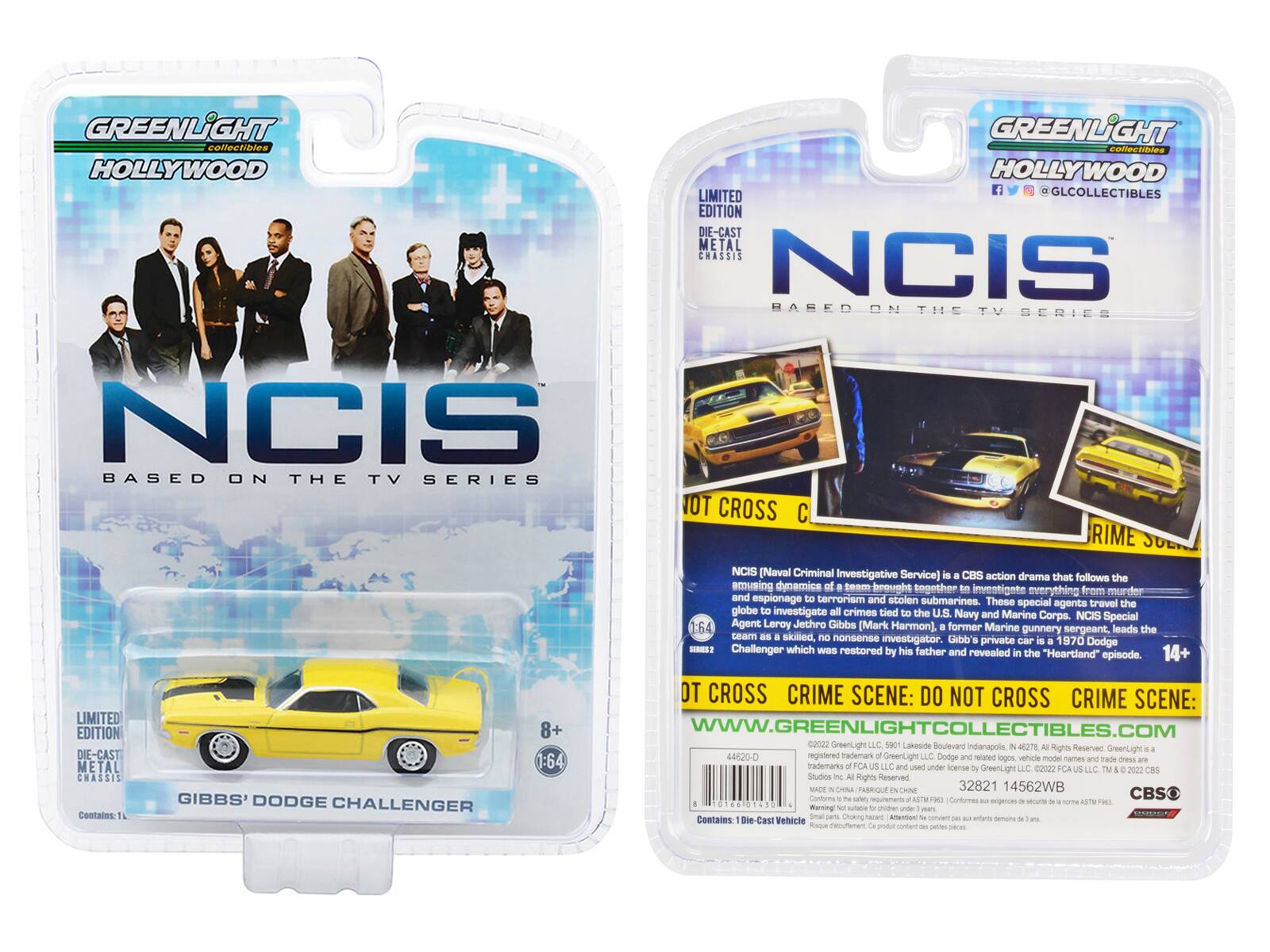 GREENLIGHT collectibles  
HOLLYWOOD  
LIMITED EDITION  
DIE-CAST METAL CHASSIS  
NCIS  
BASED ON THE TV SERIES  

NCIS (Naval Criminal Investigative Service) is a CBS action drama that follows the amusing dynamics of a team brought together to investigate everything from murder and espionage to terrorism and stolen submarines. These special agents travel the globe to investigate all crimes tied to the U.S. Navy and Marine Corps.  

NCIS Special 1:64 Agent Leroy Jethro Gibbs (Mark Harmon), a former Marine gunnery sergeant, leads the team as a skilled, no-nonsense investigator. Gibbs' private car is a 1970 Dodge Challenger which was restored by his father and revealed in the "Heartland" episode.  

GIBBS' DODGE CHALLENGER  

LIMITED EDITION  
DIE-CAST METAL CHASSIS  

SCENE: DO NOT CROSS  
CRIME SCENE:  

www.GREENLIGHTCOLLECTIBLES.COM  

©2022 GreenLight LLC  
590 Lameside Boulevard Indianapolis, IN 42784  

8+  

Contains: 1 Die-Cast Vehicle  

@GLCOLLECTIBLES