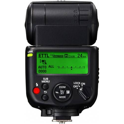 45 60 75 LINK ETTL MASTER M Zoom 24mm AUTO ALL 3..2..1..0..1..2..3 E 2 1 1 2 3 0000 SUB MENU U ZOOM SEL/ V SET MODE LOCK ON OFF