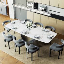 POVISON - 71"-95"Extendable Modern White Dining Table for 6-10, Rectangular Glossy Sintered Stone Tabletop, Gray Carbon Steel Leg - Glossy White Sintered Stone with Gray