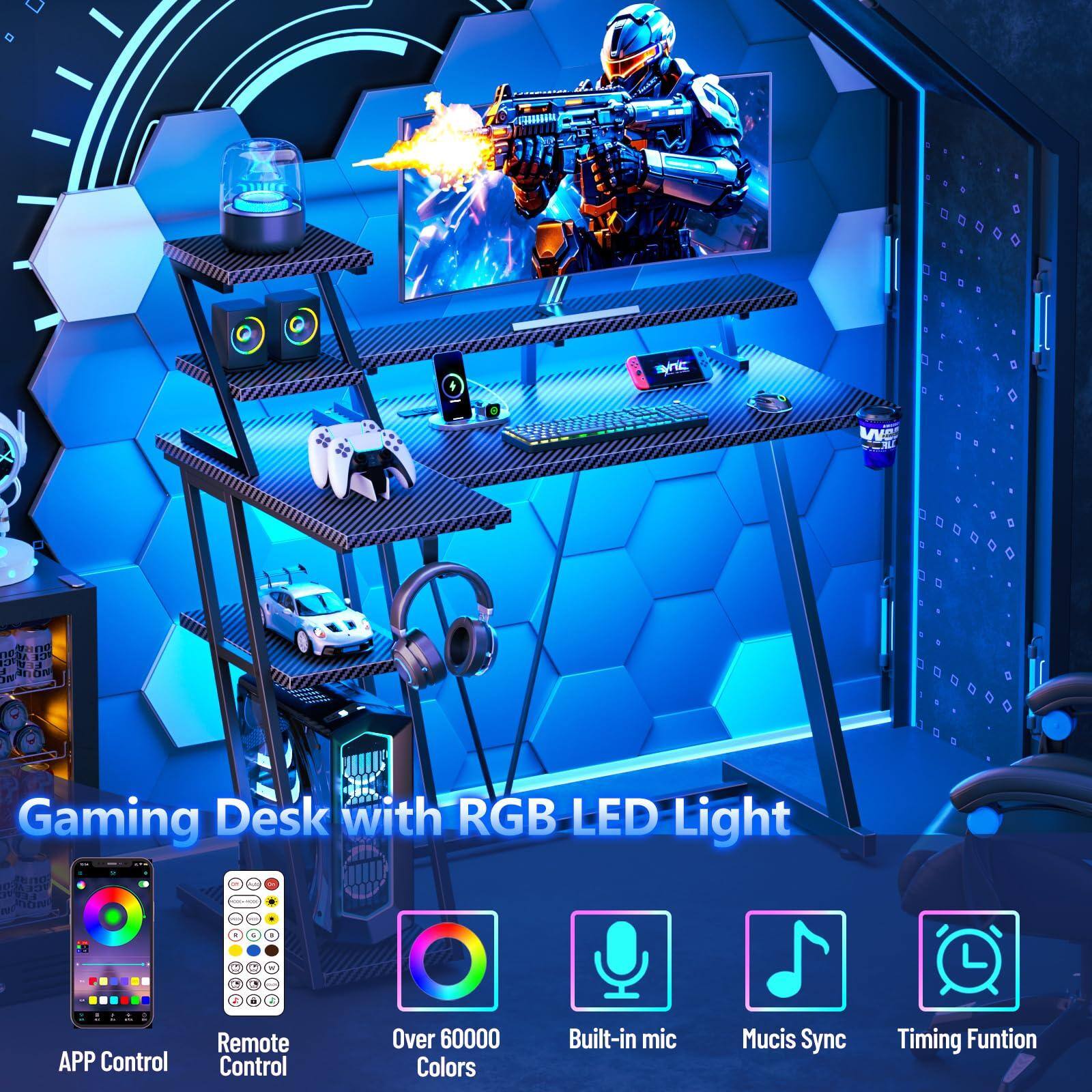 Gaming Desk with RGB LED Light

- APP Control
- Remote Control
- Over 60000 Colors
- Built-in mic
- Music Sync
- Timing Function