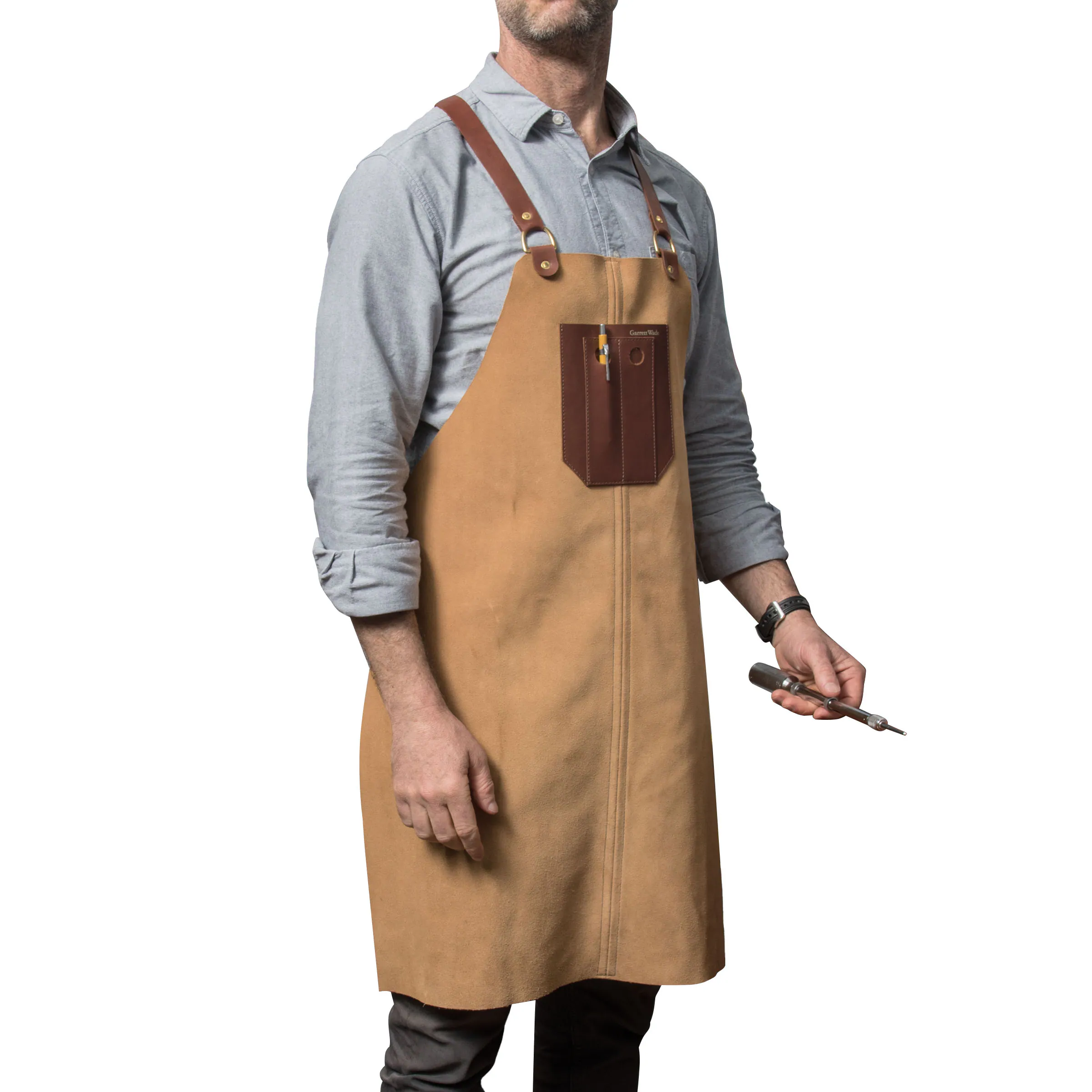 Front. Kings County Tools - Suede and Leather Shop Apron - Tan and Brown.
