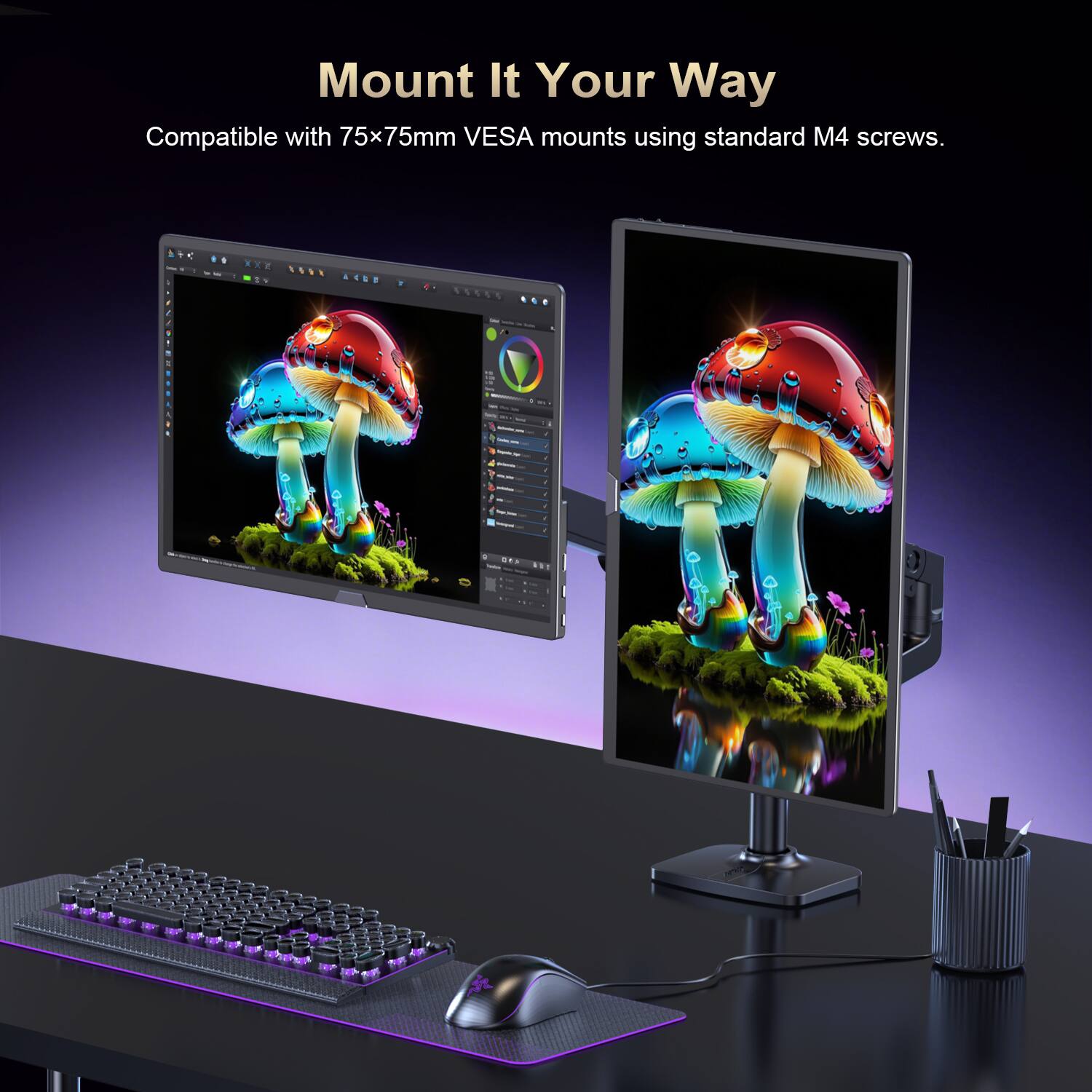 Mount It Your Way  
Compatible with 75x75mm VESA mounts using standard M4 screws.