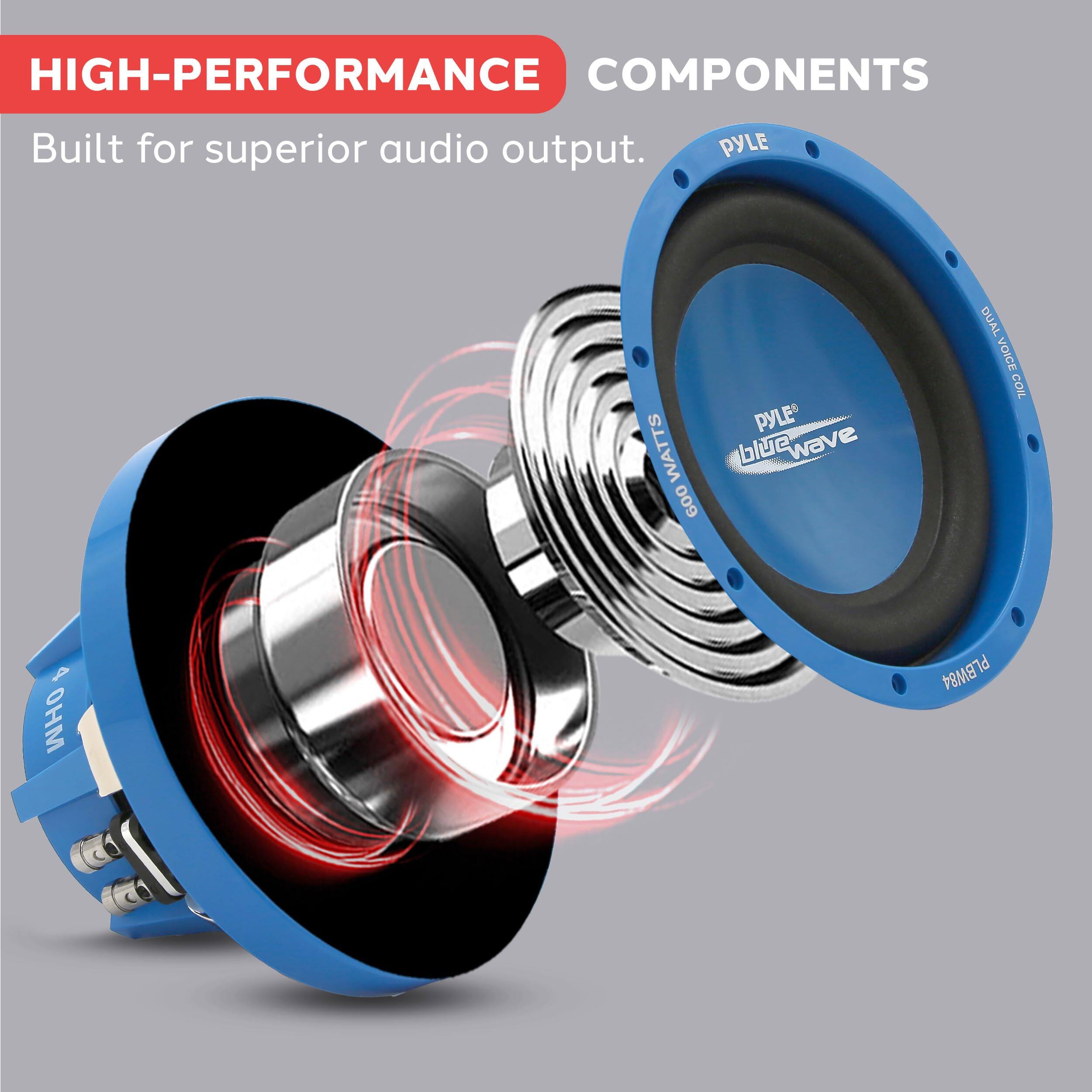 HIGH-PERFORMANCE COMPONENTS  
Built for superior audio output.  

PYLE  
600 WATTS  
DUAL VOICE COIL  
PYLE blue wave  
4 OHM