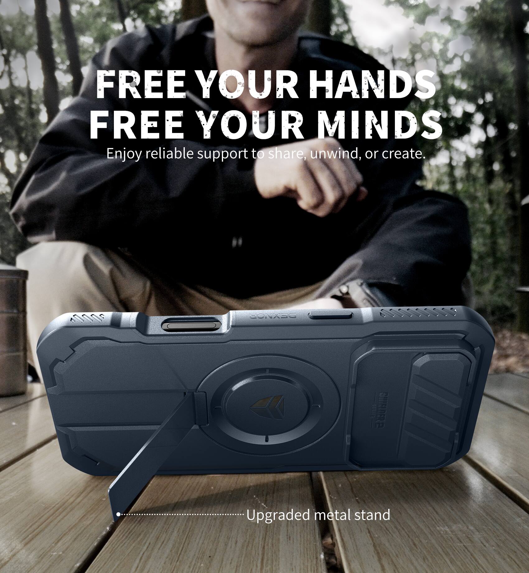 FREE YOUR HANDS  
FREE YOUR MINDS  

Enjoy reliable support to share, unwind, or create.  

Upgraded metal stand