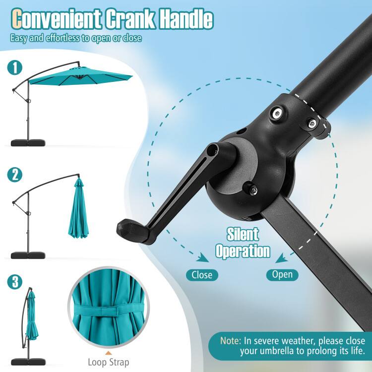 Convenient Crank Handle  
Easy and effortless to open or close  

1. Silent Operation  
   - Close  
   - Open  

2. Loop Strap  

Note: In severe weather, please close your umbrella to prolong its life.