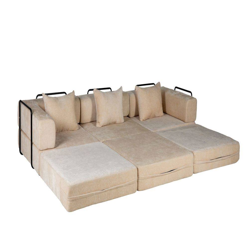 Alt View 1. Kadyn - Boneless Sectional Sofa Bed, Convertible Floor Lounger with Fixed Frame in Soft Chenille Fabric, Beige - Beige.
