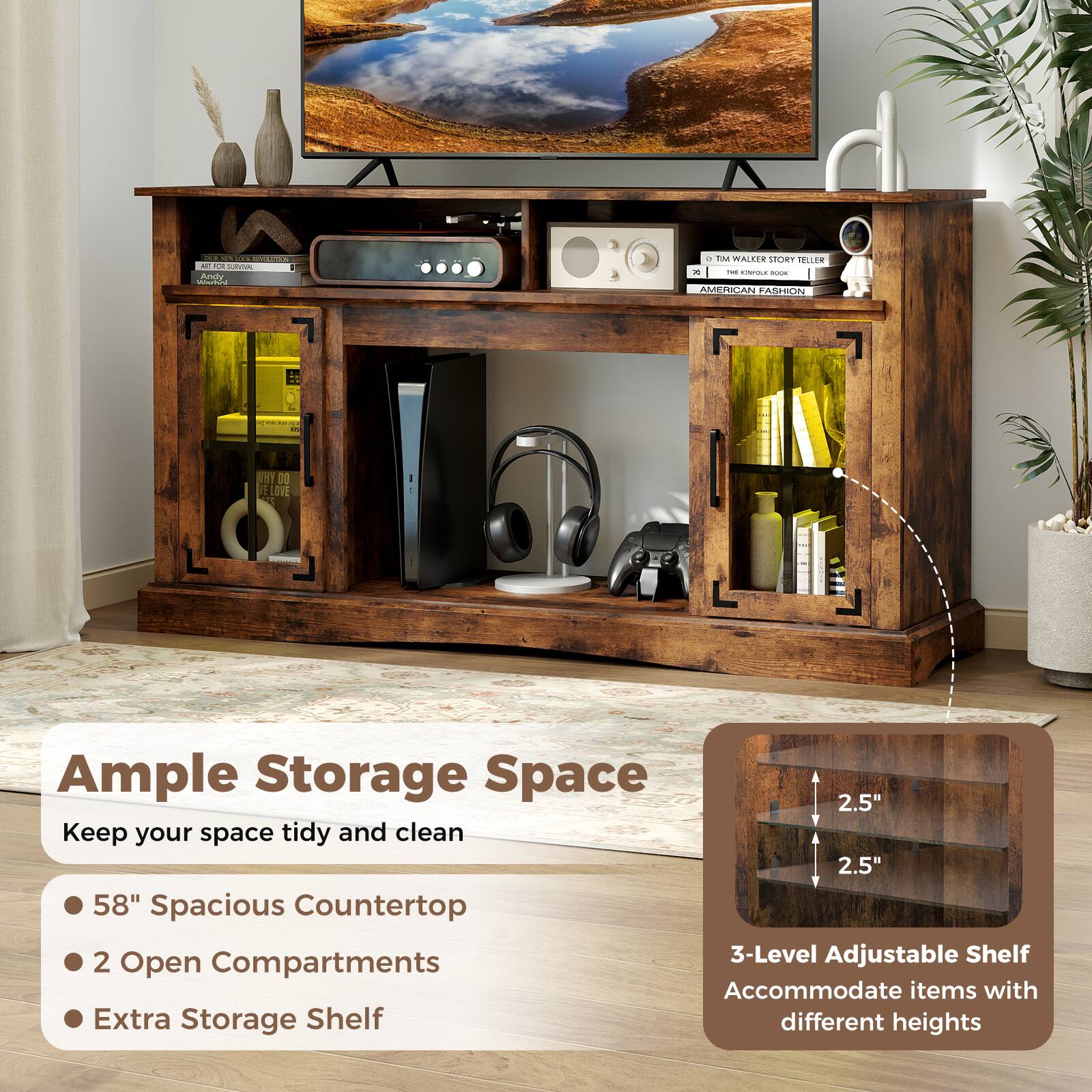 Ample Storage Space

Keep your space tidy and clean

58" Spacious Countertop
2 Open Compartments
Extra Storage Shelf

3-Level Adjustable Shelf
Accommodate items with different heights