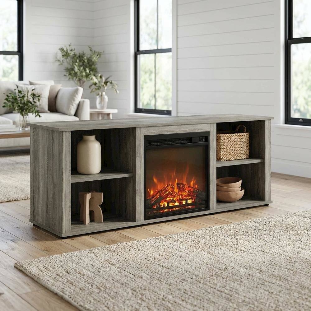 Alt View 1. FurniFact - Wood TV Stand with Fireplace and French Oak Grey Finish, Modern Design - Gray.