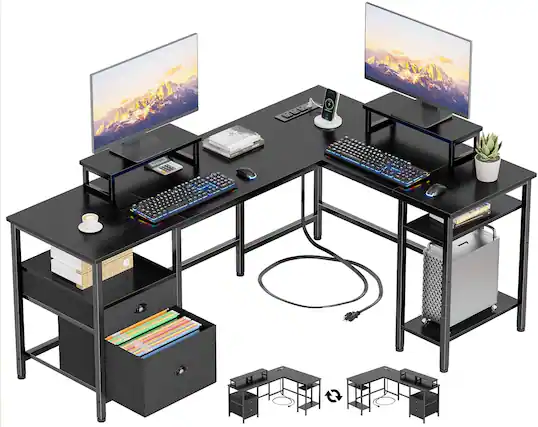 Front. Furologee - 59” L Shaped Desk with Power Outlet Black - Black.