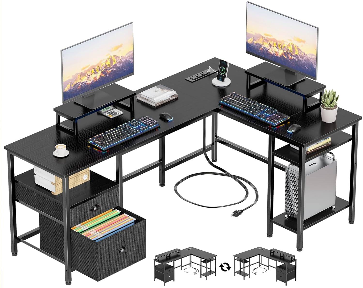 Front. Furologee - 59” L Shaped Desk with Power Outlet Black - Black.