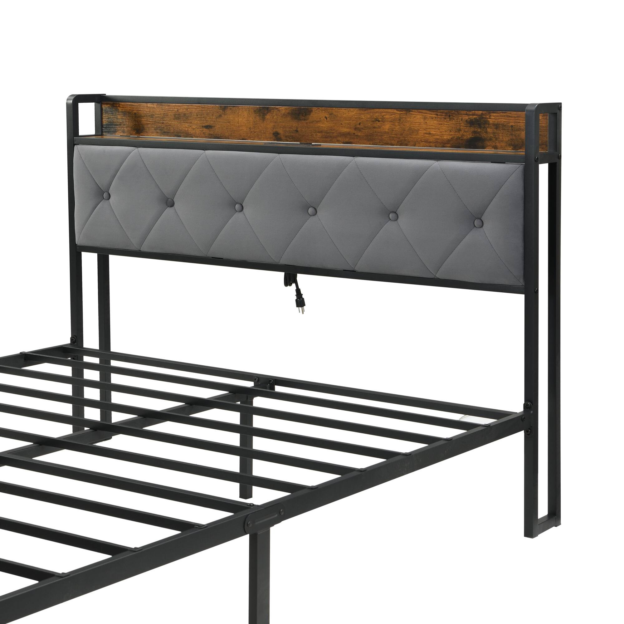 Alt View 7. GOODSILO - Modern LED Bed Frame with Storage Drawers and USB Charging Station, Upholstered Headboard, No Box Spring Needed - Brown+Gray.