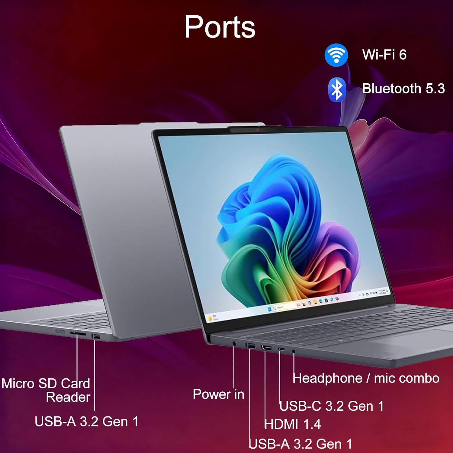 Ports  
- Wi-Fi 6  
- Bluetooth 5.3  
- Micro SD Card Reader  
- USB-A 3.2 Gen 1  
- Headphone / mic combo  
- Power in USB-C 3.2 Gen 1  
- HDMI 1.4  
- USB-A 3.2 Gen 1