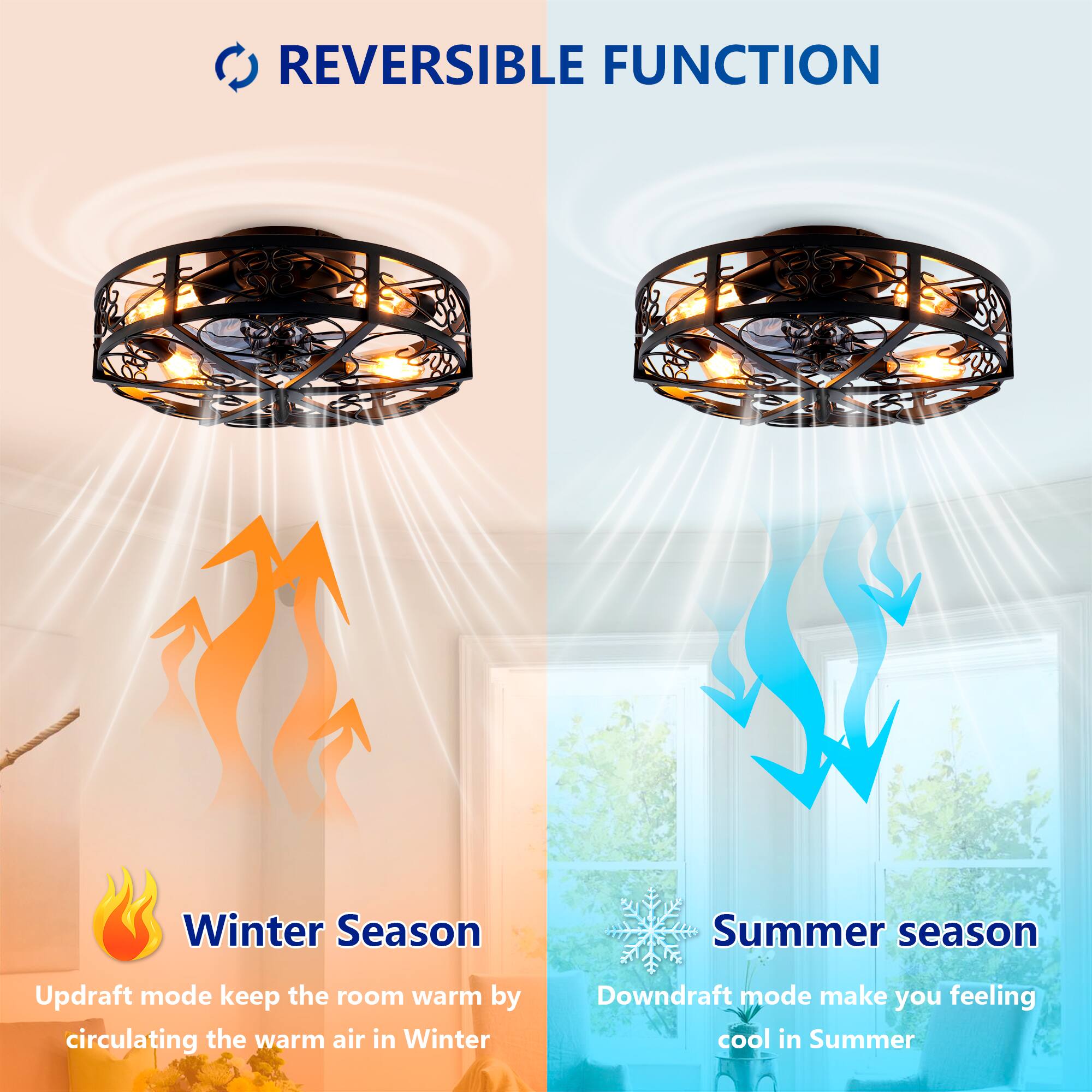 REVERSIBLE FUNCTION

Winter Season  
Updraft mode keeps the room warm by circulating the warm air in Winter

Summer Season  
Downdraft mode makes you feel cool in Summer