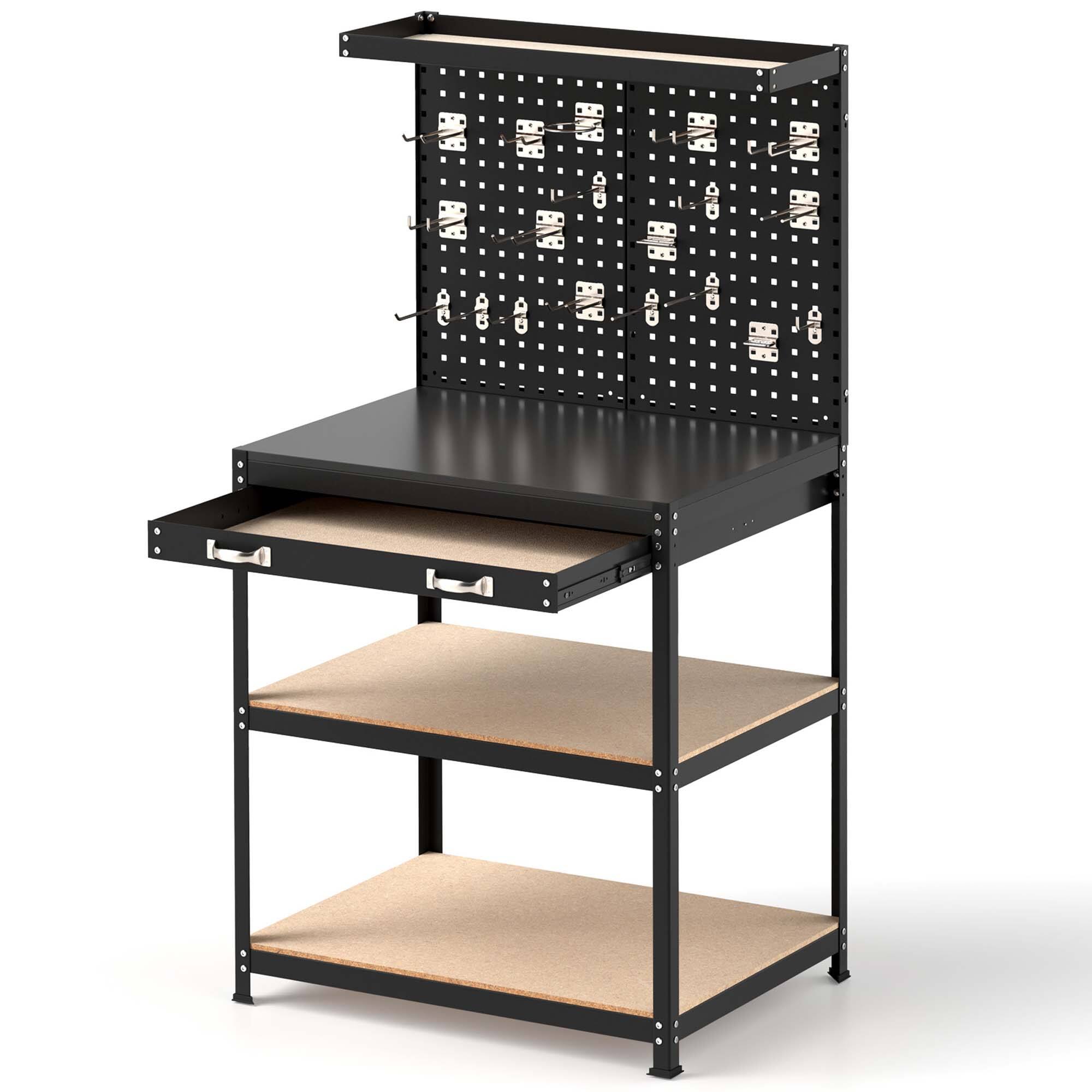 Alt View 9. Gymax - Gymax 32'' x 16'' Workbench w/ Pegboard 20PCS Tool Hooks Drawer & Open Shelves Black - Black.