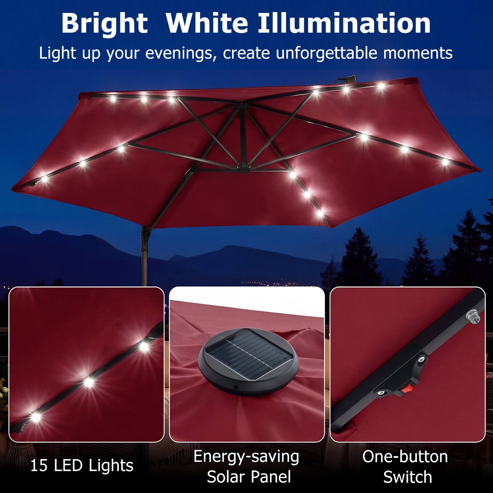 Bright White Illumination  
Light up your evenings, create unforgettable moments  

15 LED Lights  
Energy-saving Solar Panel  
One-button Switch